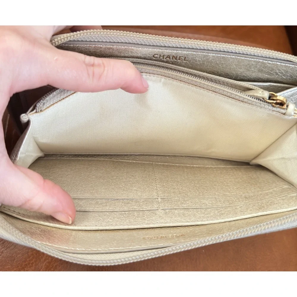 Chanel Timeless CC Zip Around Long Wallet Metallic Champagne Gold Leather Italy